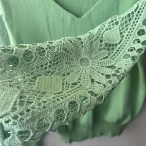 Green V-Neck Sweater with Lace Sleeves